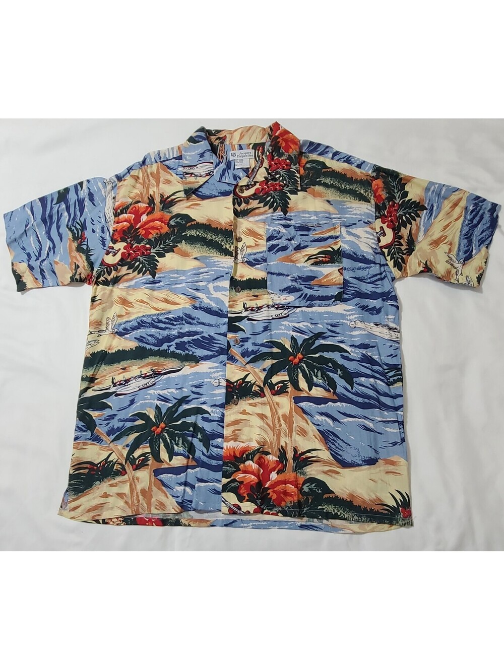 Vtg Jacques Carpentier Hawaiian Camp Shirt Mens Size Medium Multicolor Tropical